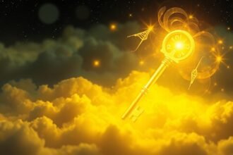 Chiave dorata tra nuvole gialle simboleggia gioia e significato nei sogni.