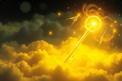 Chiave dorata tra nuvole gialle simboleggia gioia e significato nei sogni.