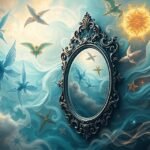 Riflessione onirica con uccelli e simboli mistici in un sogno.