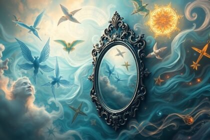 Riflessione onirica con uccelli e simboli mistici in un sogno.