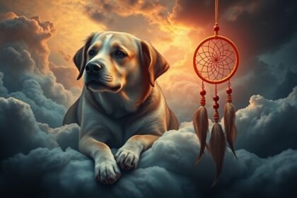 Cane sdraiato tra le nuvole con un sogno acchiappasogni.