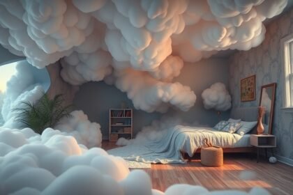 Camera confusa con nuvole, simbolo di ordine mentale nei sogni.
