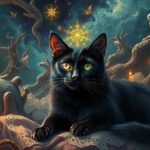 Gatto nero in un ambiente onirico con simboli e candele