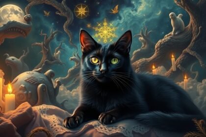 Gatto nero in un ambiente onirico con simboli e candele
