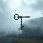 Chiave sognante davanti a casa abbandonata immersa nella nebbia