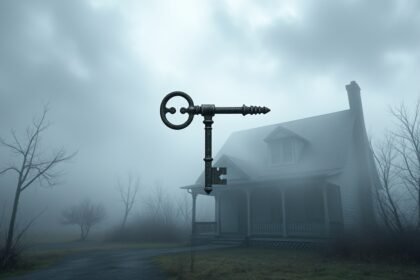 Chiave sognante davanti a casa abbandonata immersa nella nebbia