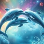 Tre delfini in un cielo colorato con nuvole e stelle