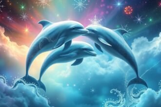Tre delfini in un cielo colorato con nuvole e stelle