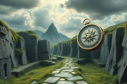 Bussola sospesa su un sentiero tra le rocce