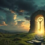 Porta mistica con chiave verso la luce, simbolo di trasformazione onirica.