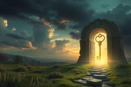 Porta mistica con chiave verso la luce, simbolo di trasformazione onirica.