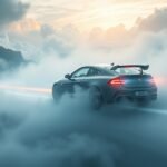 Auto sportiva in movimento tra le nuvole al tramonto