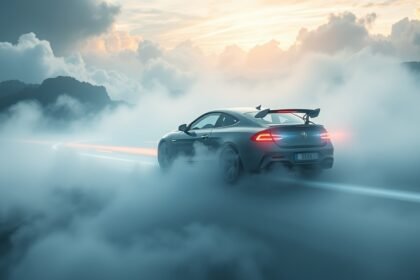 Auto sportiva in movimento tra le nuvole al tramonto