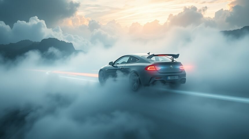 Auto sportiva in movimento tra le nuvole al tramonto