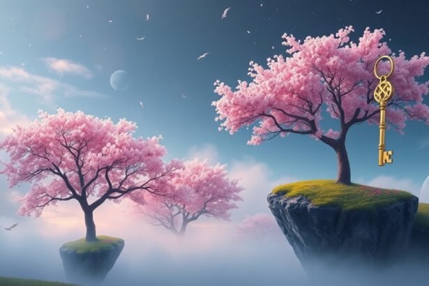 Albero in fiore e chiave d'oro nel cielo sereno