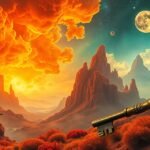 Scenari onirici con nuvole arancioni e una chiave misteriosa