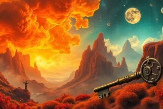 Scenari onirici con nuvole arancioni e una chiave misteriosa