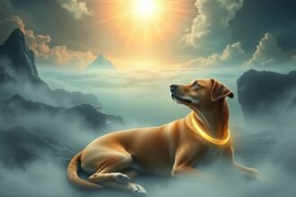 Cane che osserva il sole tra le nuvole, simbolo di amore e perdita