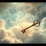 Chiave d'oro che simboleggia rinascita tra nuvole