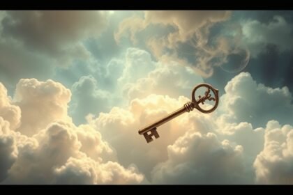 Chiave d'oro che simboleggia rinascita tra nuvole