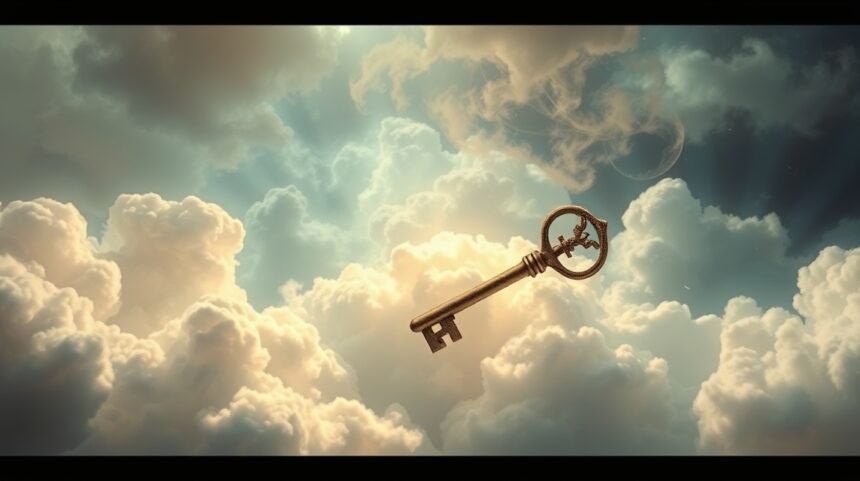 Chiave d'oro che simboleggia rinascita tra nuvole