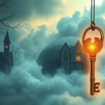 Chiave dorata sospesa sopra una casa misteriosa nella nebbia