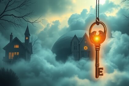 Chiave dorata sospesa sopra una casa misteriosa nella nebbia