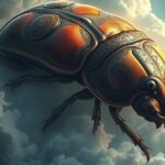 Scarafaggio in un cielo nuvoloso, simbolo di sogni e psicologia.