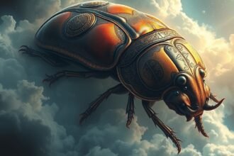 Scarafaggio in un cielo nuvoloso, simbolo di sogni e psicologia.