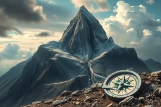 Una montagna maestosa con una bussola, simbolo di orientamento e sogni