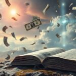 Un libro aperto con banconote che volano nell'aria, simboleggiando guadagni e fortuna.