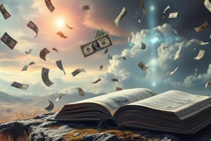 Un libro aperto con banconote che volano nell'aria, simboleggiando guadagni e fortuna.