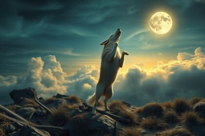 Cane che ulula sotto la luna in un cielo nuvoloso