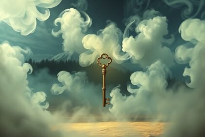 Chiave sospesa tra fumi e nebbia, simbolo di chiarezza interiore.