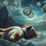 Cane sdraiato su un letto con orologi volanti in un sogno simbolico