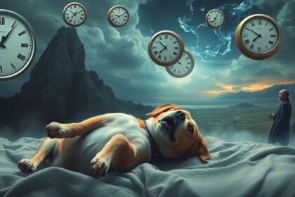 Cane sdraiato su un letto con orologi volanti in un sogno simbolico