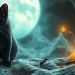 Gatto nero osserva formiche in un ambiente onirico e misterioso