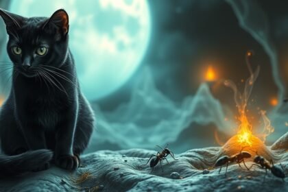 Gatto nero osserva formiche in un ambiente onirico e misterioso