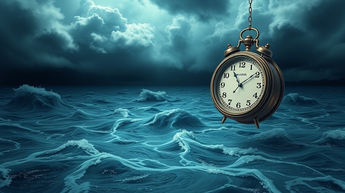 Orologio d'epoca sospeso sopra un mare tempestoso