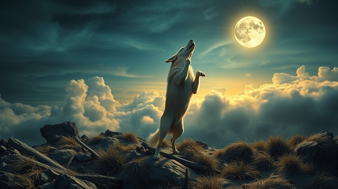 Cane che ulula sotto la luna in un cielo nuvoloso