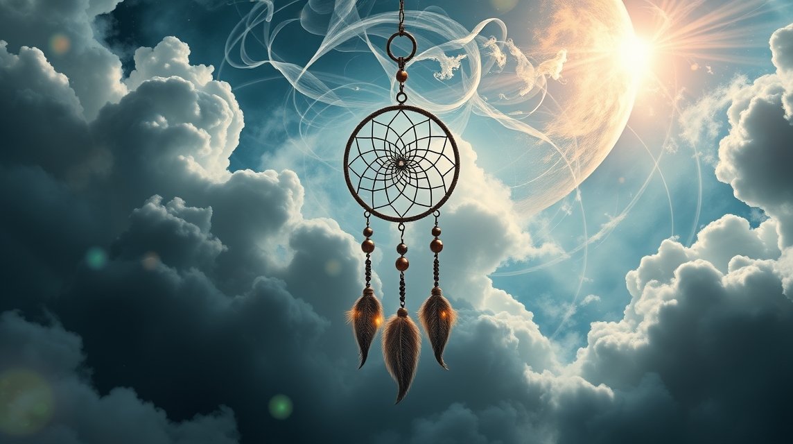 Sognatore sotto un cielo nuvoloso con un cattura sogni