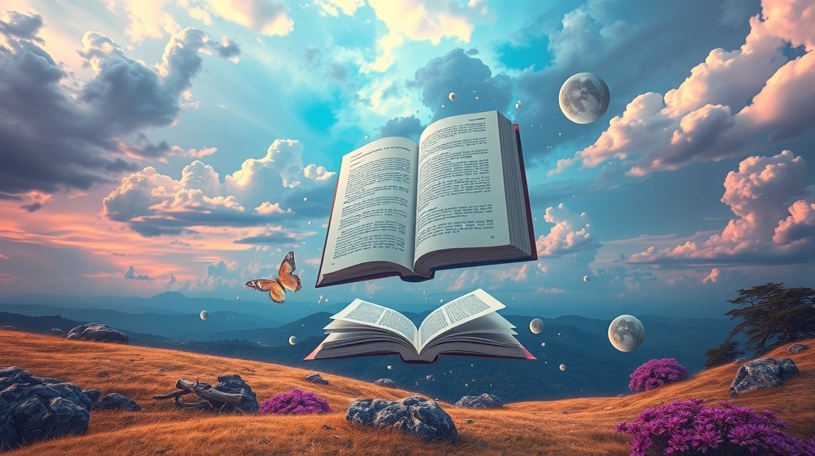 Libri aperti sul significato dei sogni con farfalla e paesaggio onirico
