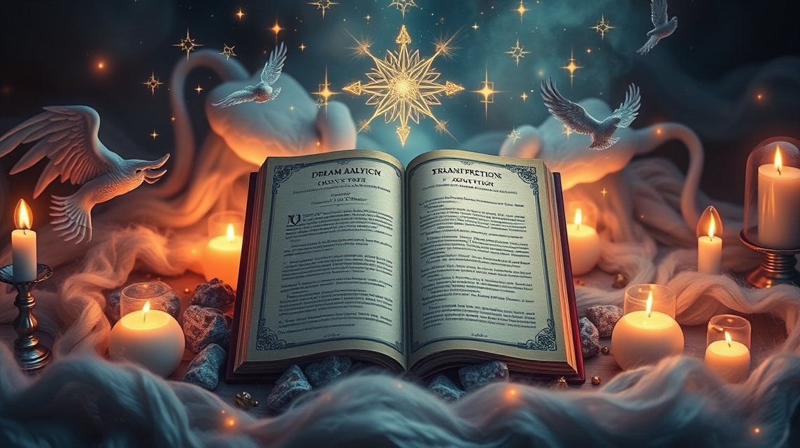 Libro aperto sulla interpretazione dei sogni con candele e simboli mistici.