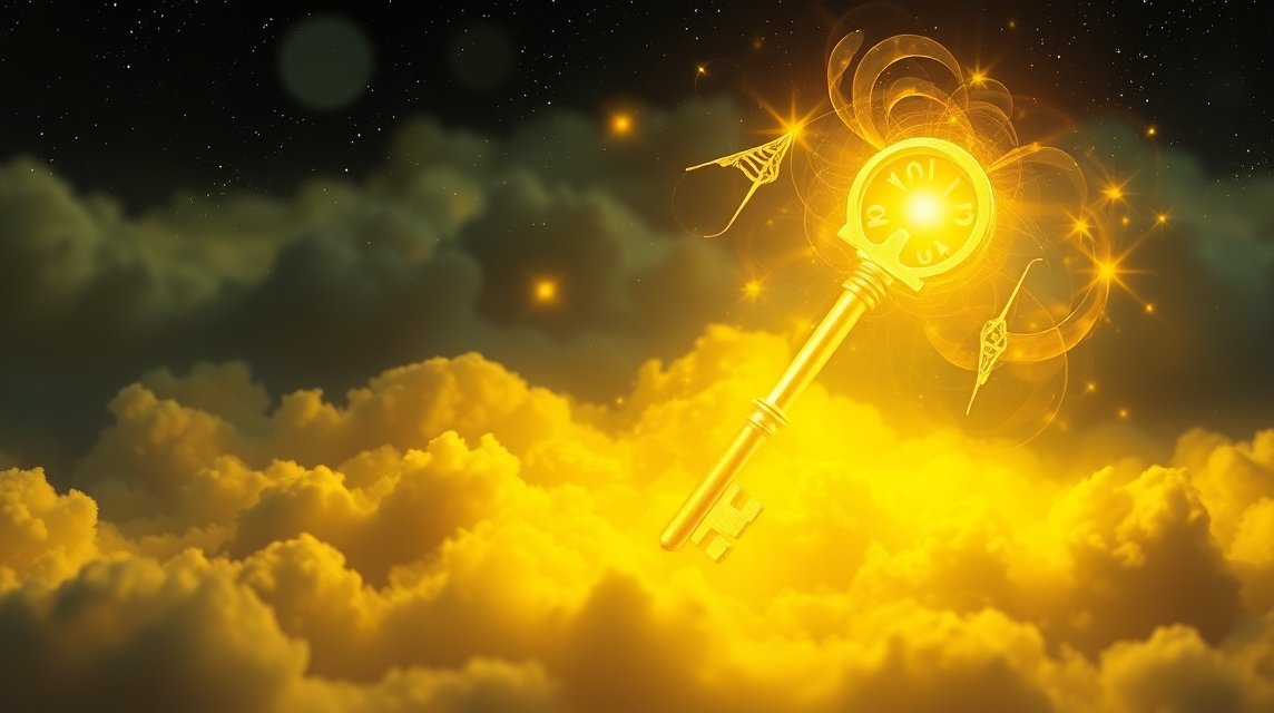 Chiave dorata tra nuvole gialle simboleggia gioia e significato nei sogni.
