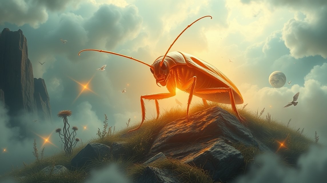 Scarafaggio simbolico su un paesaggio mistico, riflettendo ansie e trasformazione.