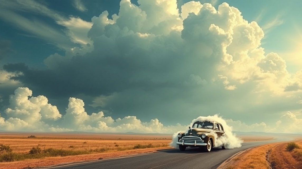 Un'auto che corre su una strada deserta circondata da nuvole.