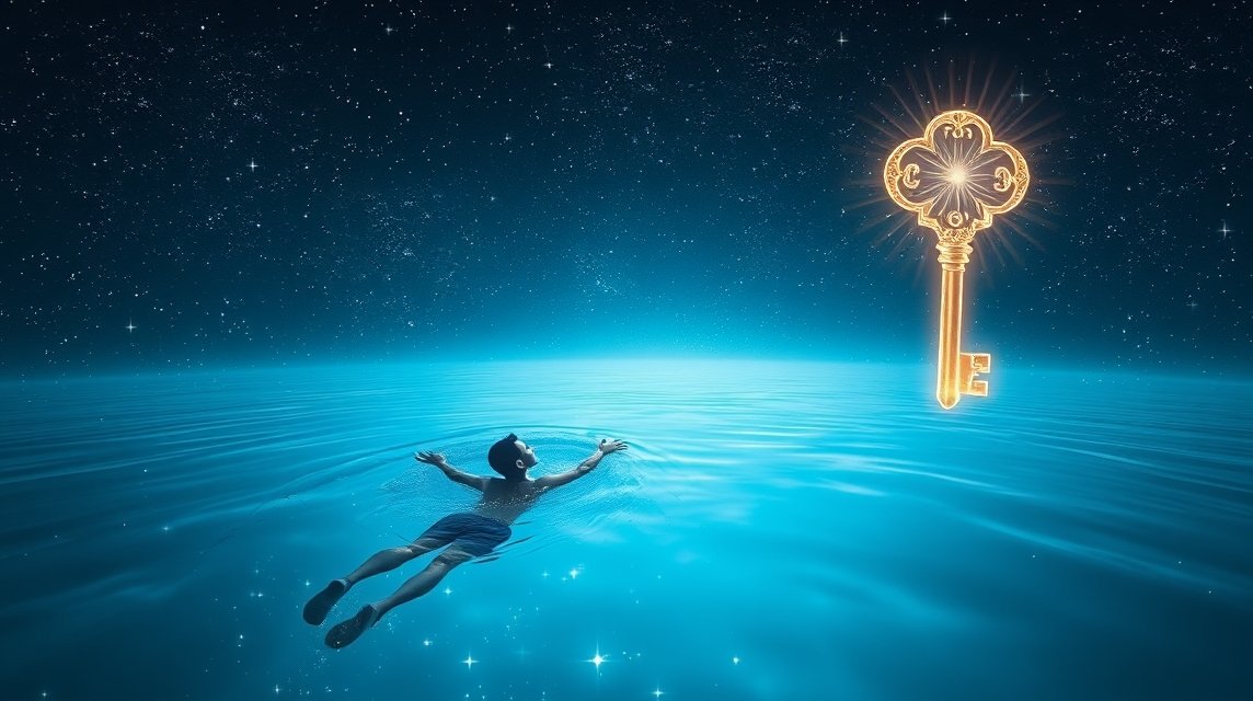 Un ragazzo nuota in un oceano blu sotto un cielo stellato con una chiave luminosa.