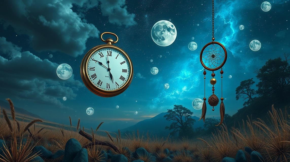 Orologio e cattura sogni in un paesaggio notturno con lune