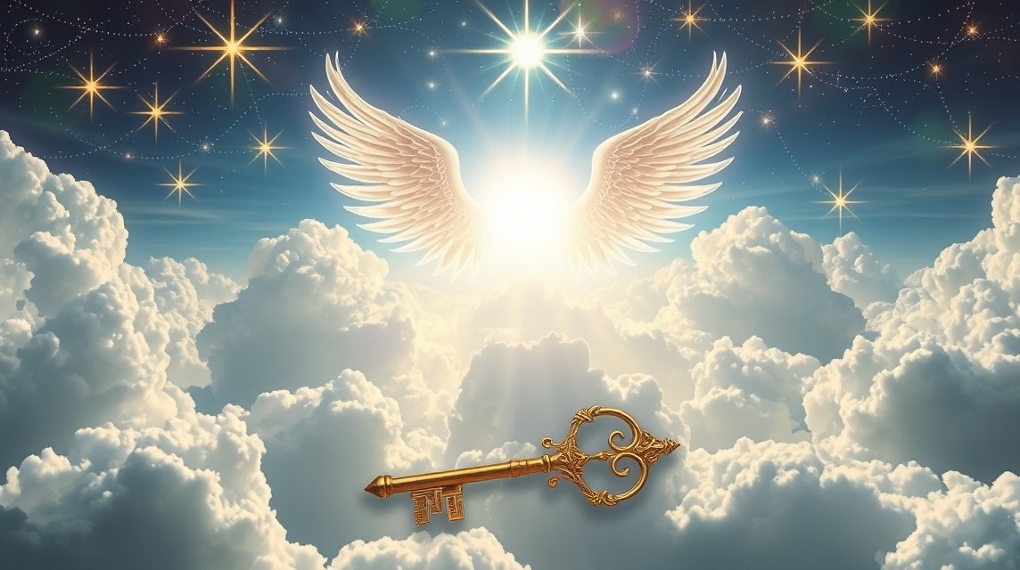 Un'immagine divina del numero angelico 1616 con ali e chiavi