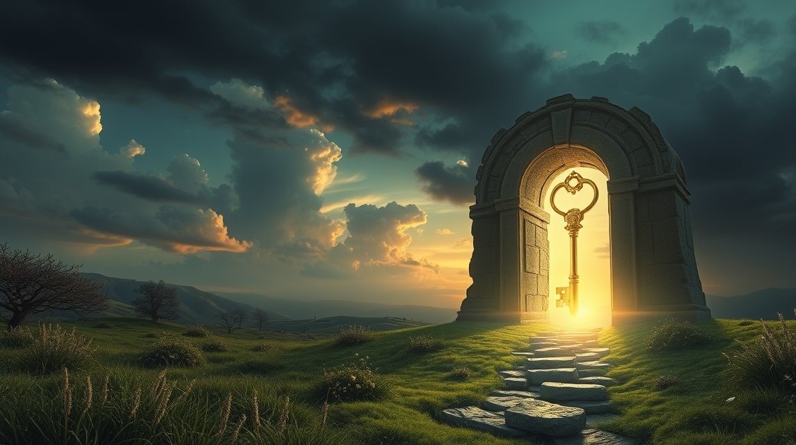Porta mistica con chiave verso la luce, simbolo di trasformazione onirica.